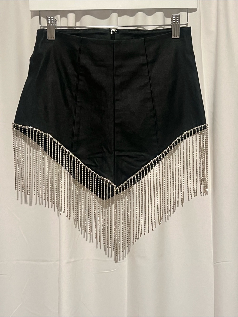 Akira Black Faux Leather High-Waist Rhinestone Fringe Shorts Sz L NWOT’s